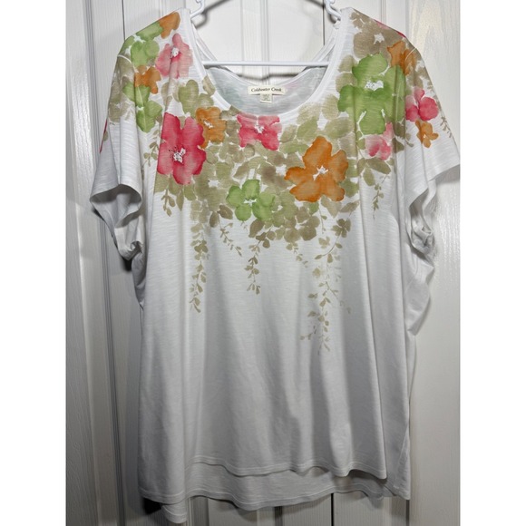 Coldwater Creek Women's Top 2X (20W-22W) White Floral Print Short Sleeve Blouse - Picture 1 of 5